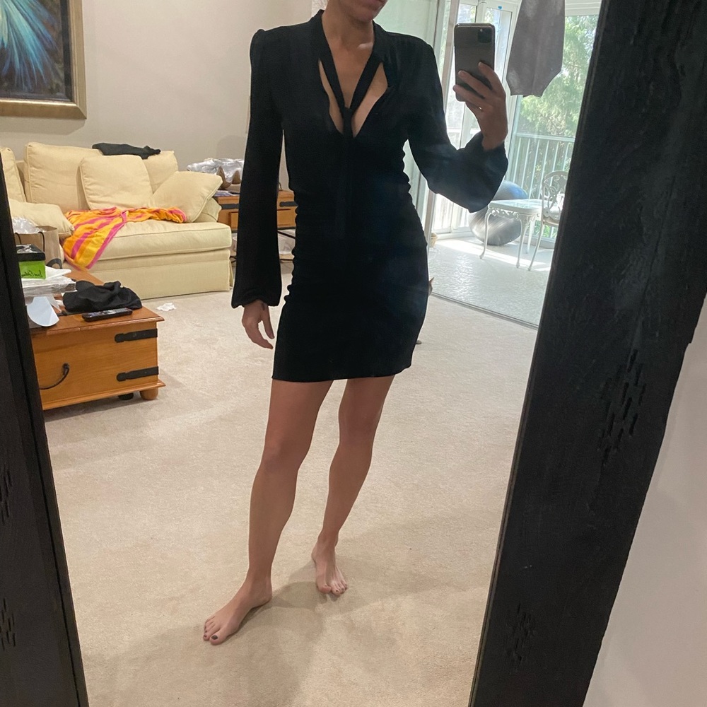 Black Halo black cumberbund dress with ties at neckline
